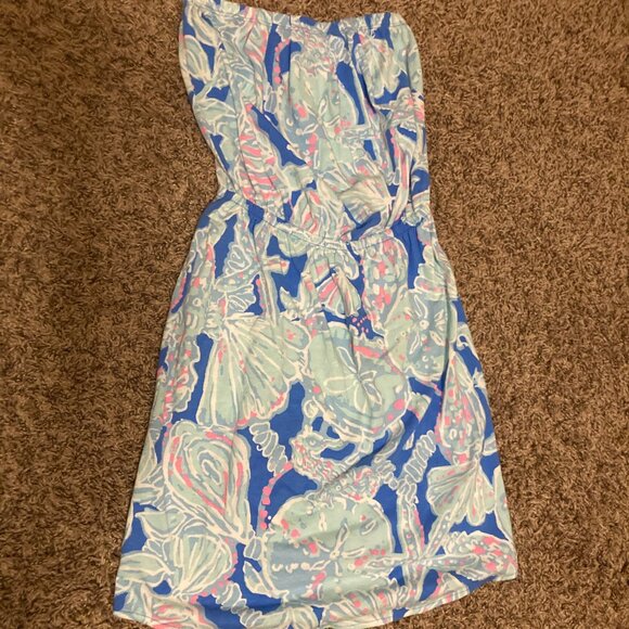 Lilly Pulitzer Into the Deep Windsor Dress XXS Strapless Blue Pink Seashells - Picture 1 of 3